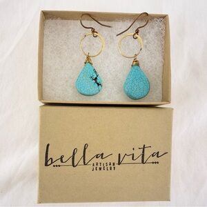 Bella Vita Artisan Turquoise Drop Earrings Brass Wire Wrapped Boho Dangle